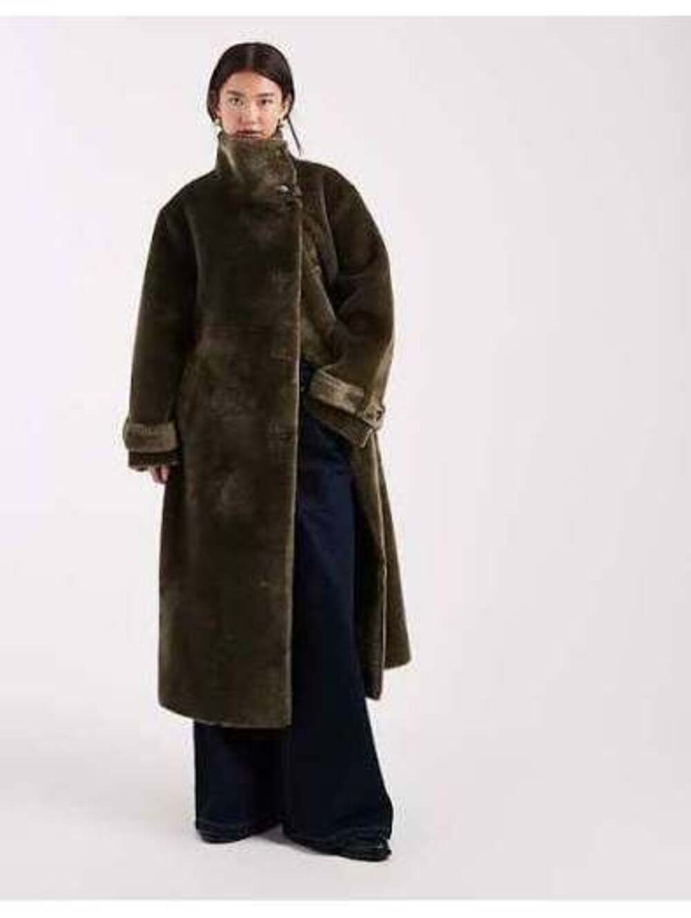 ASOS DESIGN longline cosy borg funnel neck coat in khaki size SMALL NWT